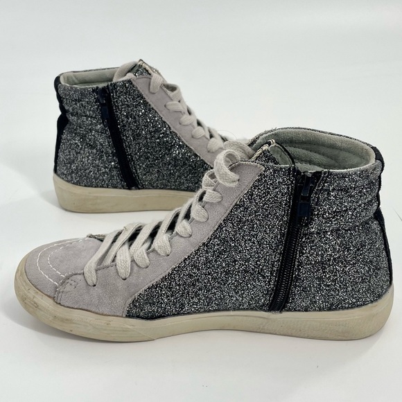 Shu Shop Roxanne Black Silver shiny Mid High Top Sneaker Tennis Shoe Women's 7 - Picture 3 of 10